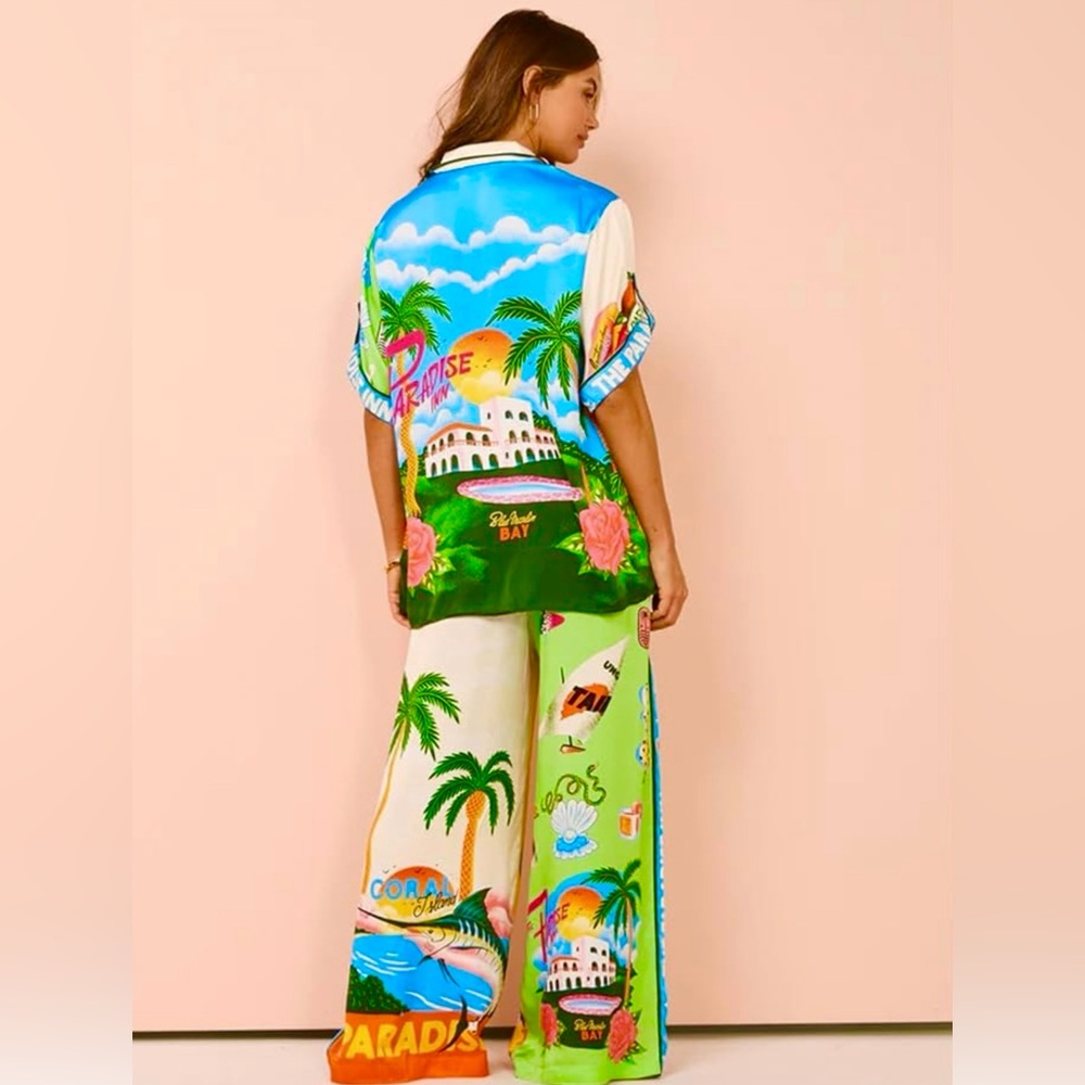 Tropical Print Wide-Leg 2 pcs Pants & Top